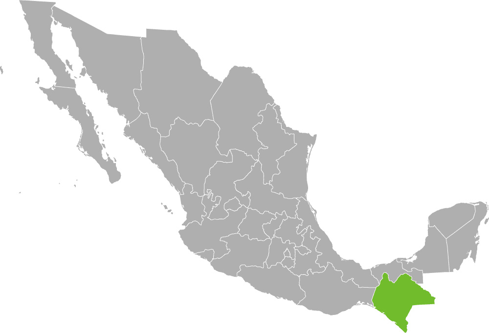 Map of the states of Mexican with the bottom most being Chiapas, highlighted.