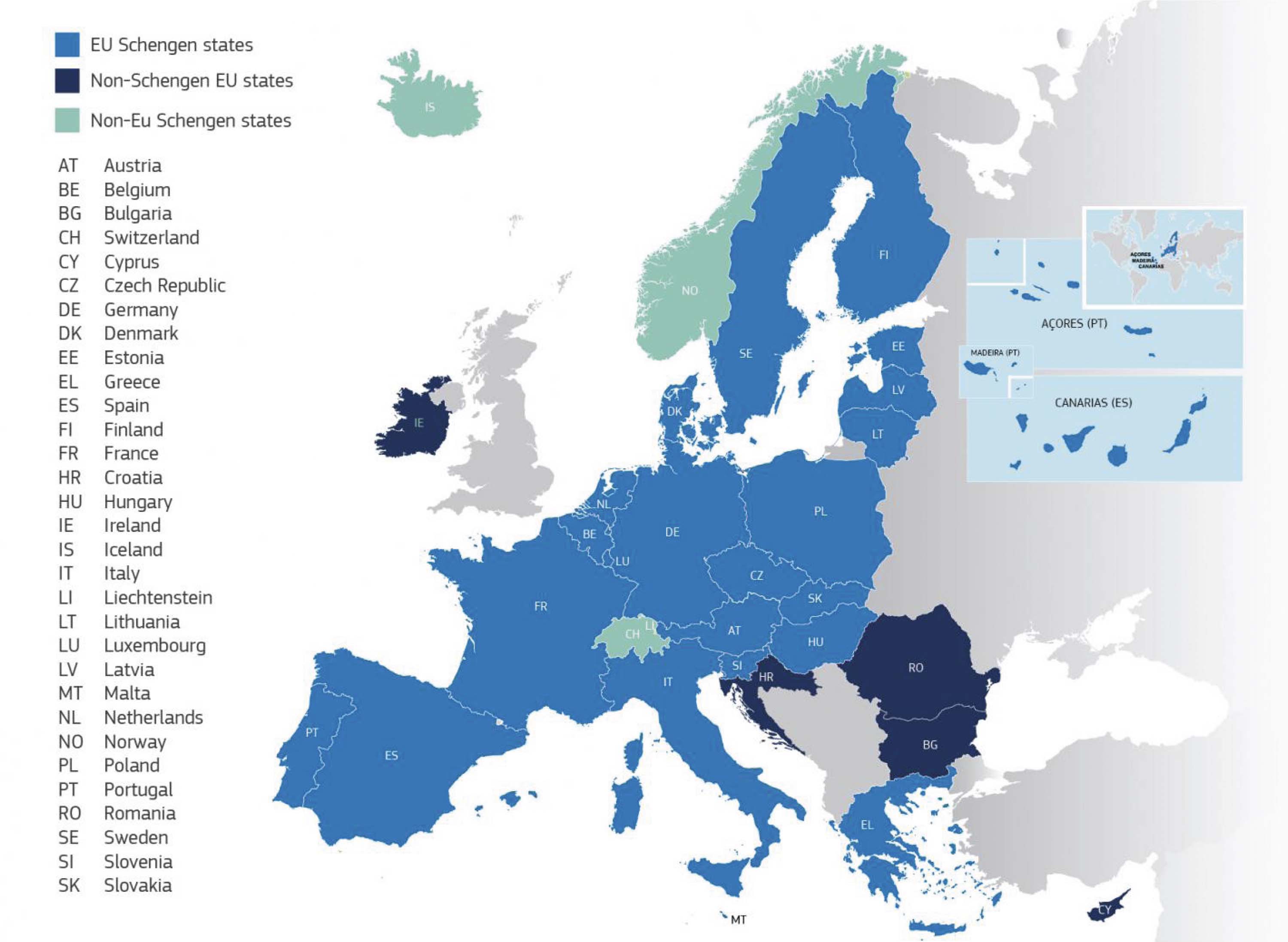 Map of the European Union indicating areas of free travel without a visa.