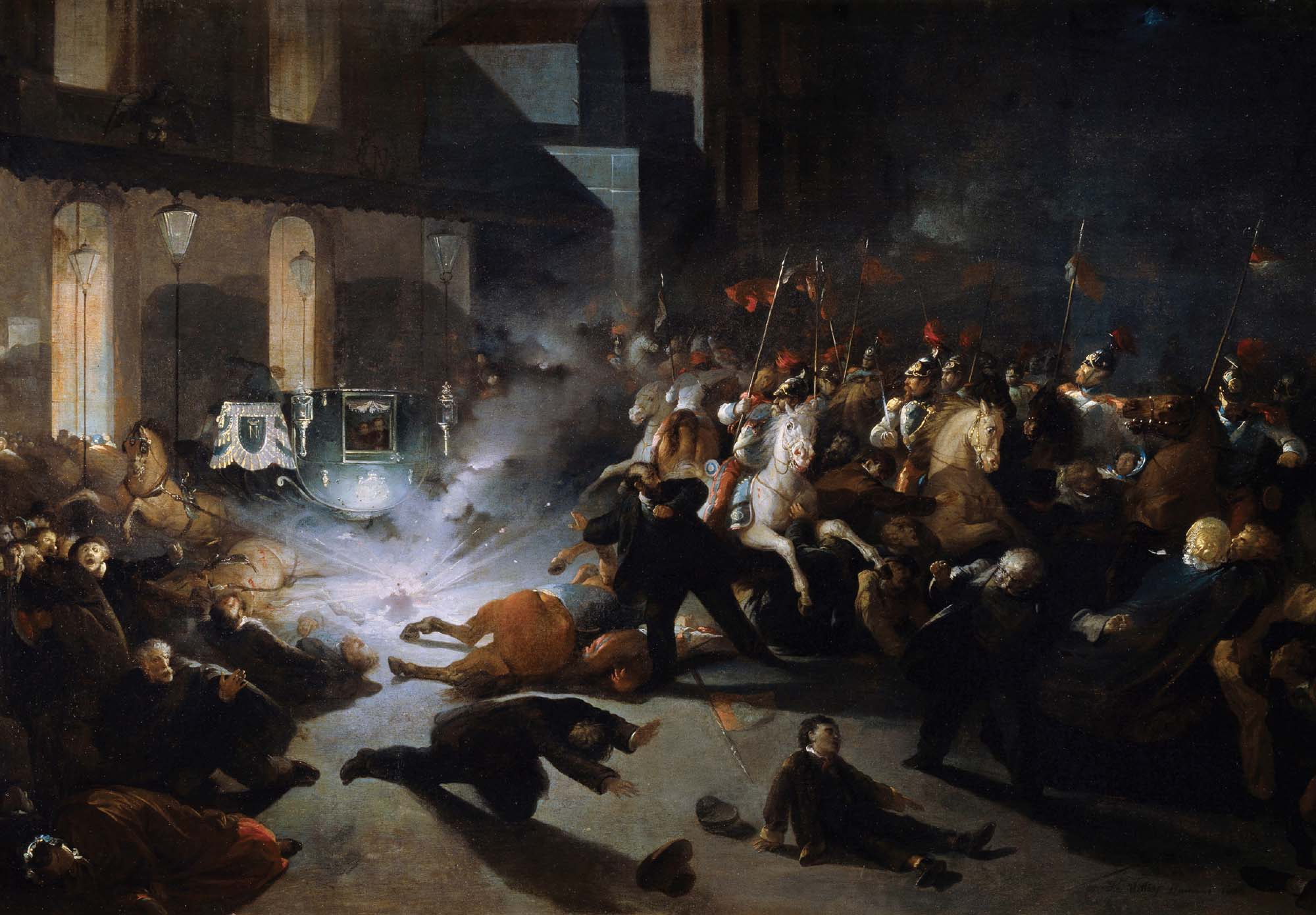 Painting of a dark scene with a bright explosion of light in the bottom left that horses and people alike have been pushed back from.
