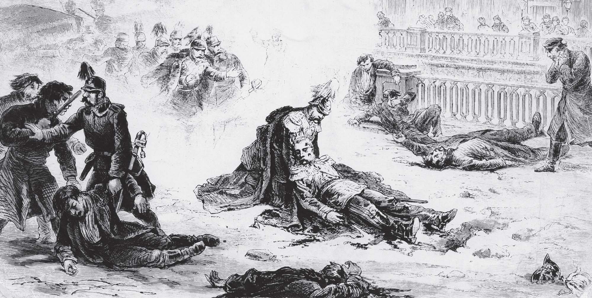 Several bloodied figures lie dead and wounded from an explosion, with Tzar Alexander in the center being cradled by a high-ranking soldier.