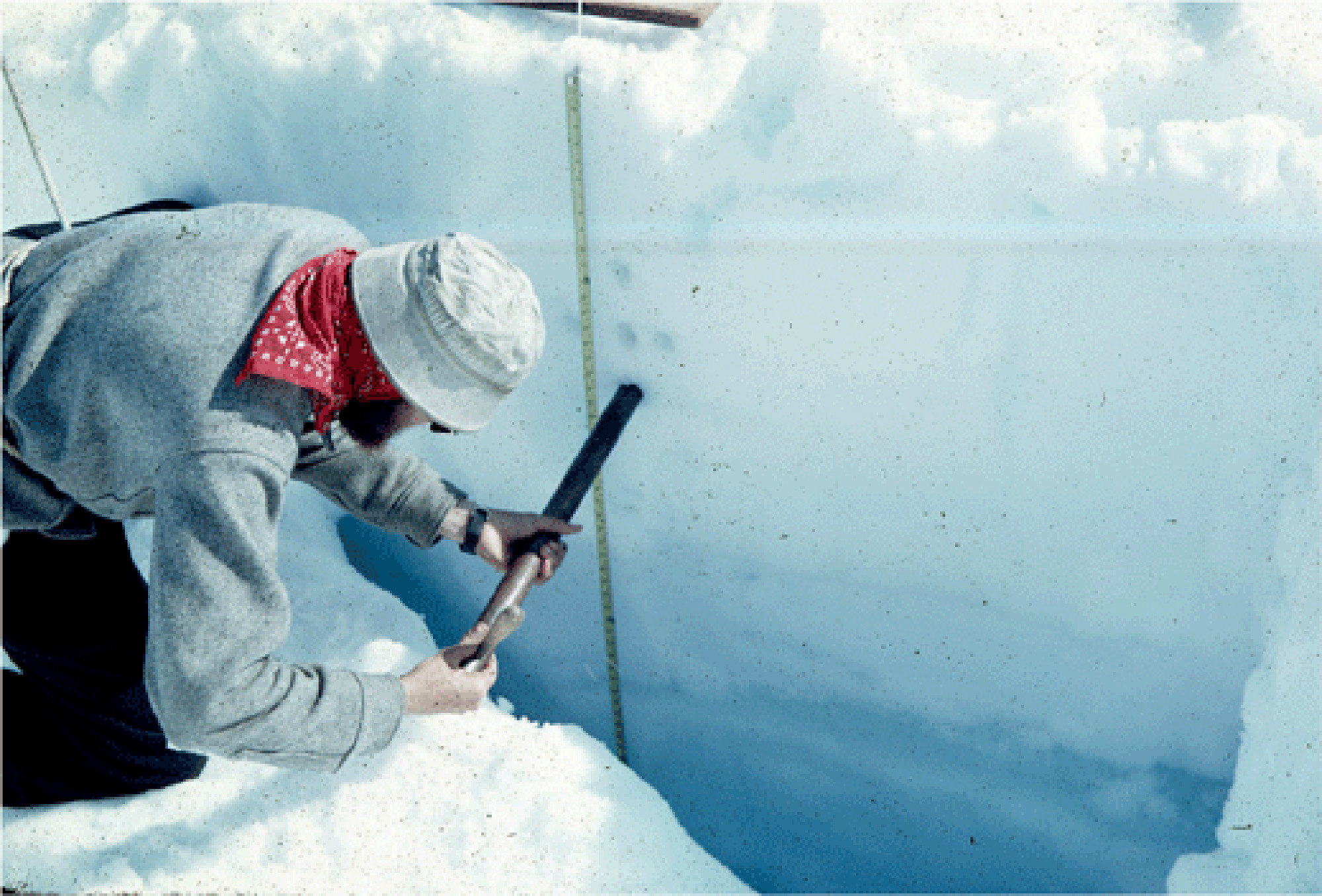 A scientist, wearing a cap and a red bandana, is kneeling down next to a deep crevice in a snowbank. He is collecting samples.