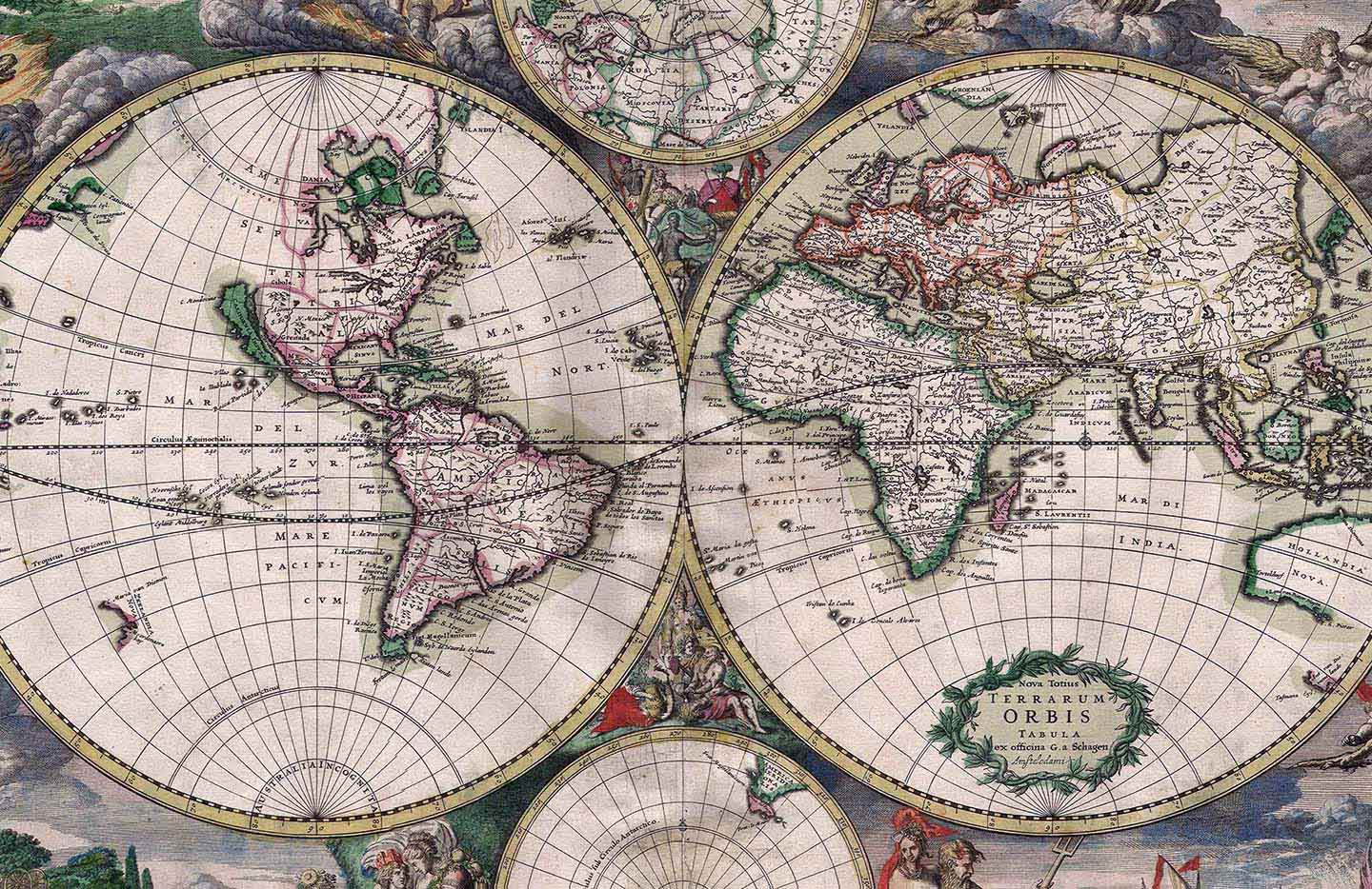 World map through two split globes
