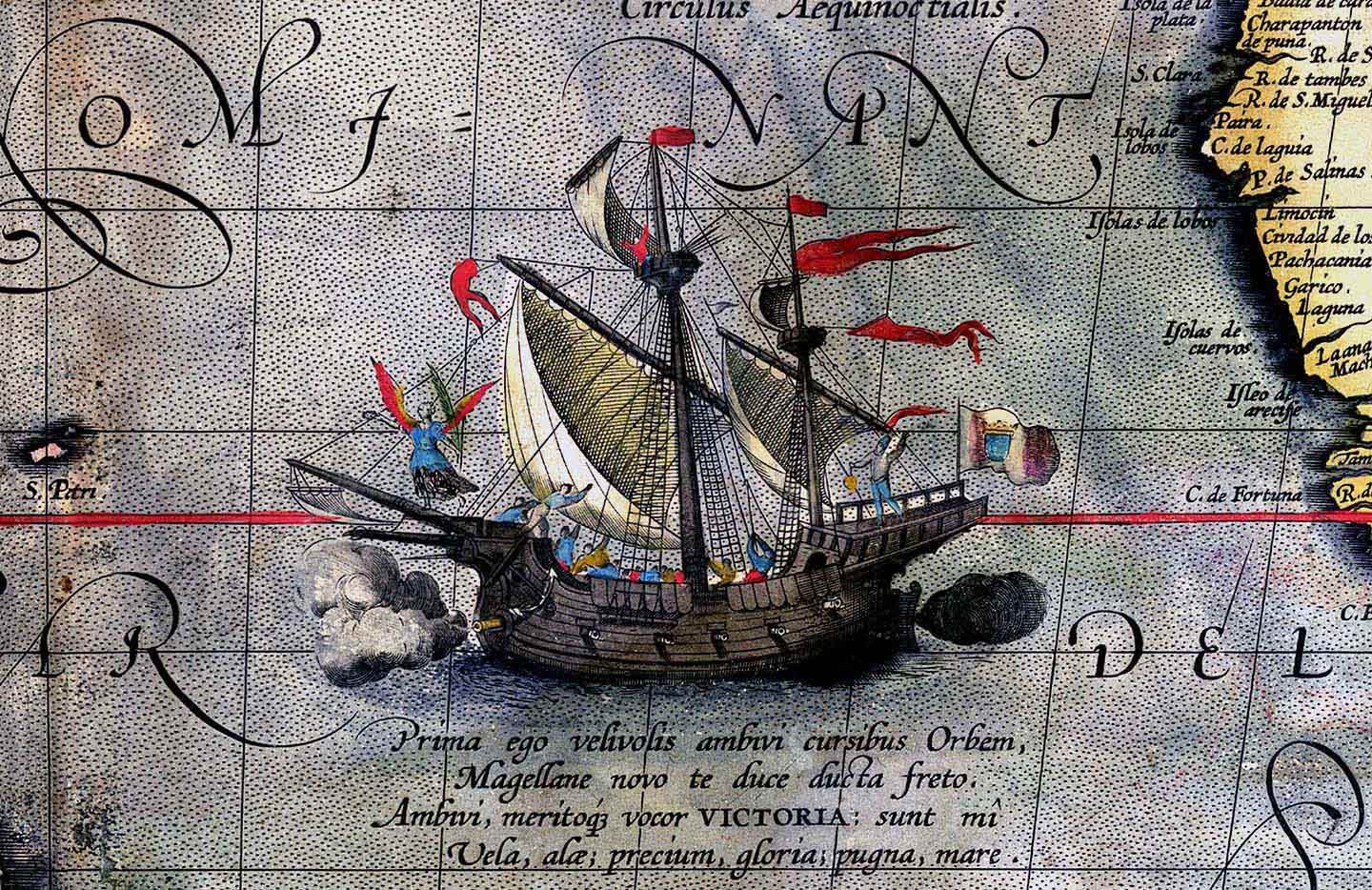 Ship sailing on a historical map