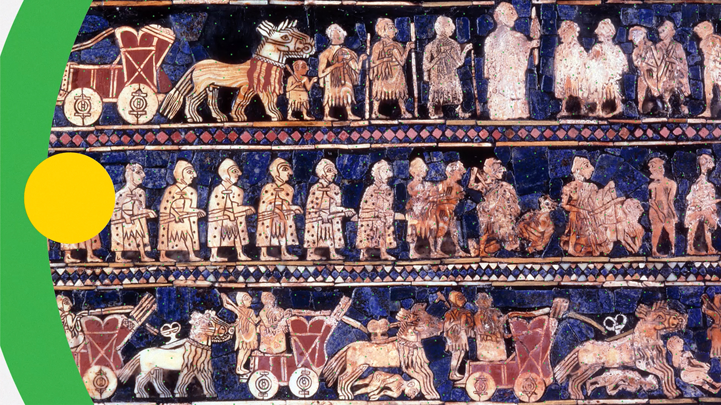 Wall painting featuring different classes of people and horses pulling carriages