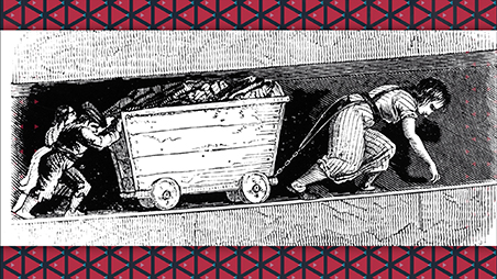 Sketch of child workers pulling a coal cart through a shaft