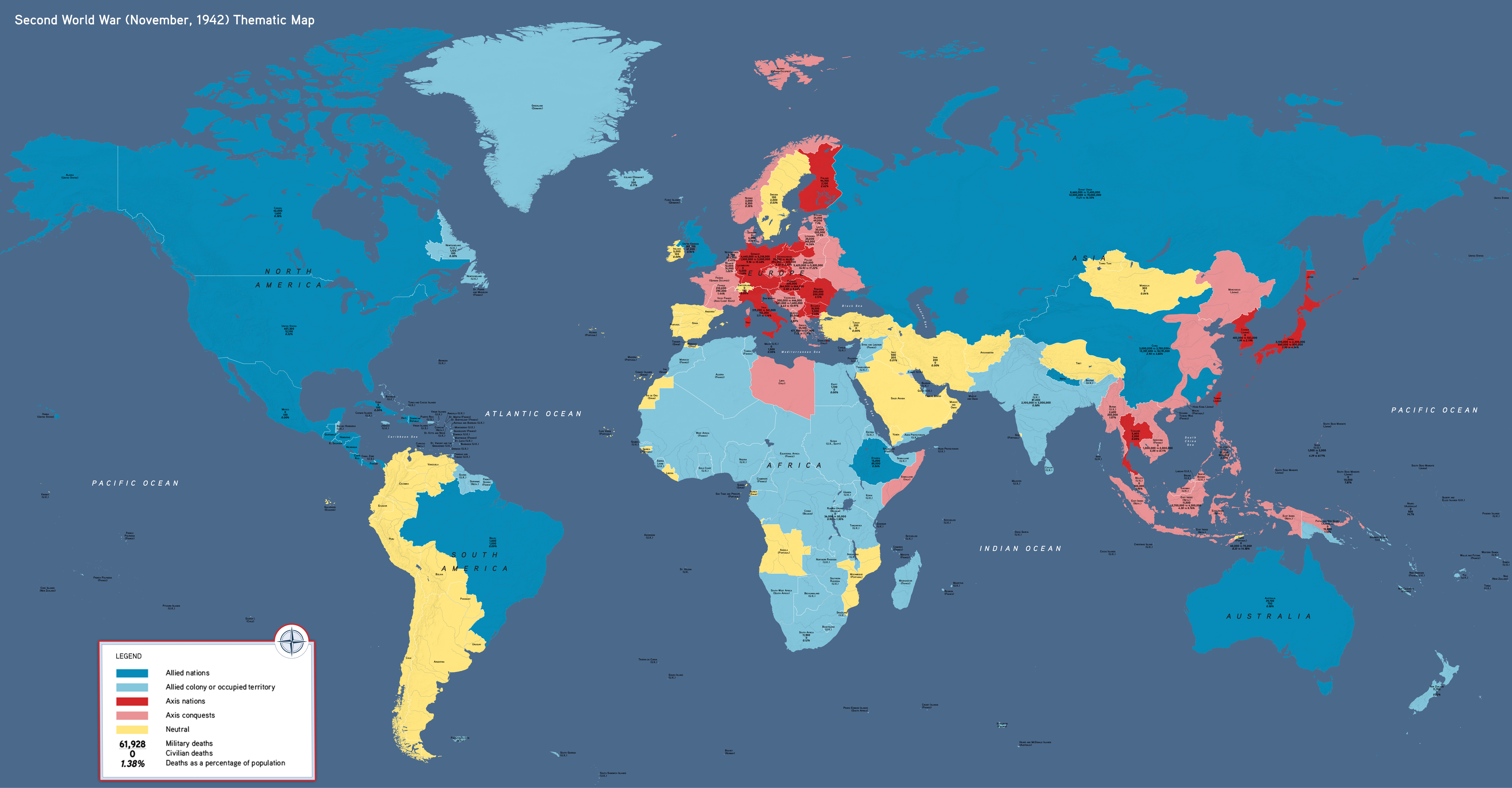 This thematic world map shows the world during the Second World War at the extent of Axis expansion in November 1942.