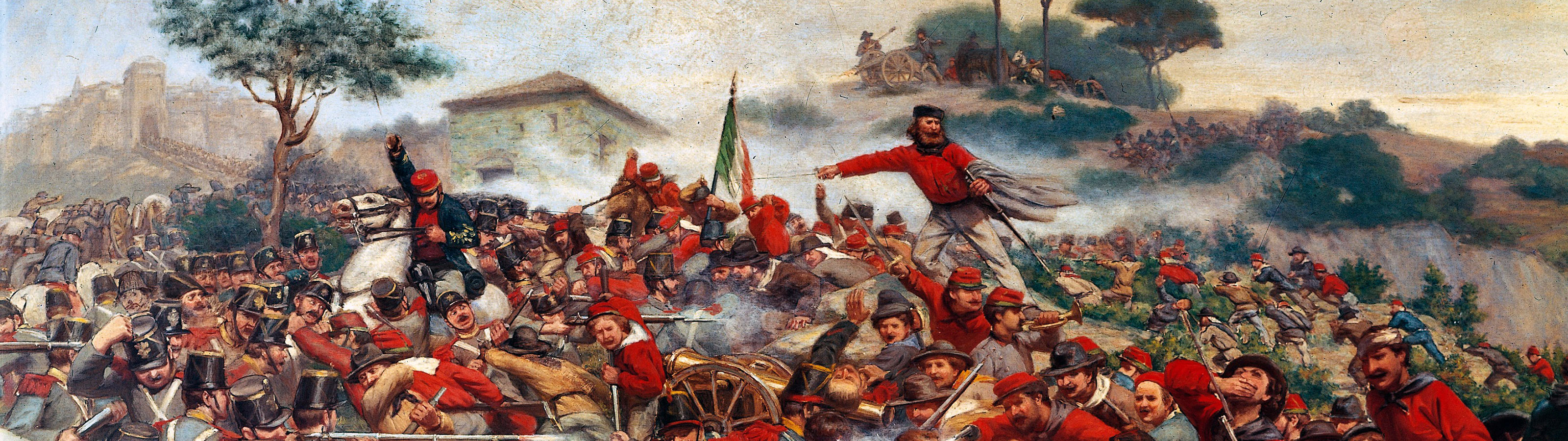 Painting of the Battle of Calatafimi featuring soldiers fighting with muskets and swords