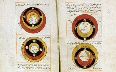 Folio from an c. 18th century astronomical manuscript illustrating the relative positions of the sun, the moon, Jupiter and Venus