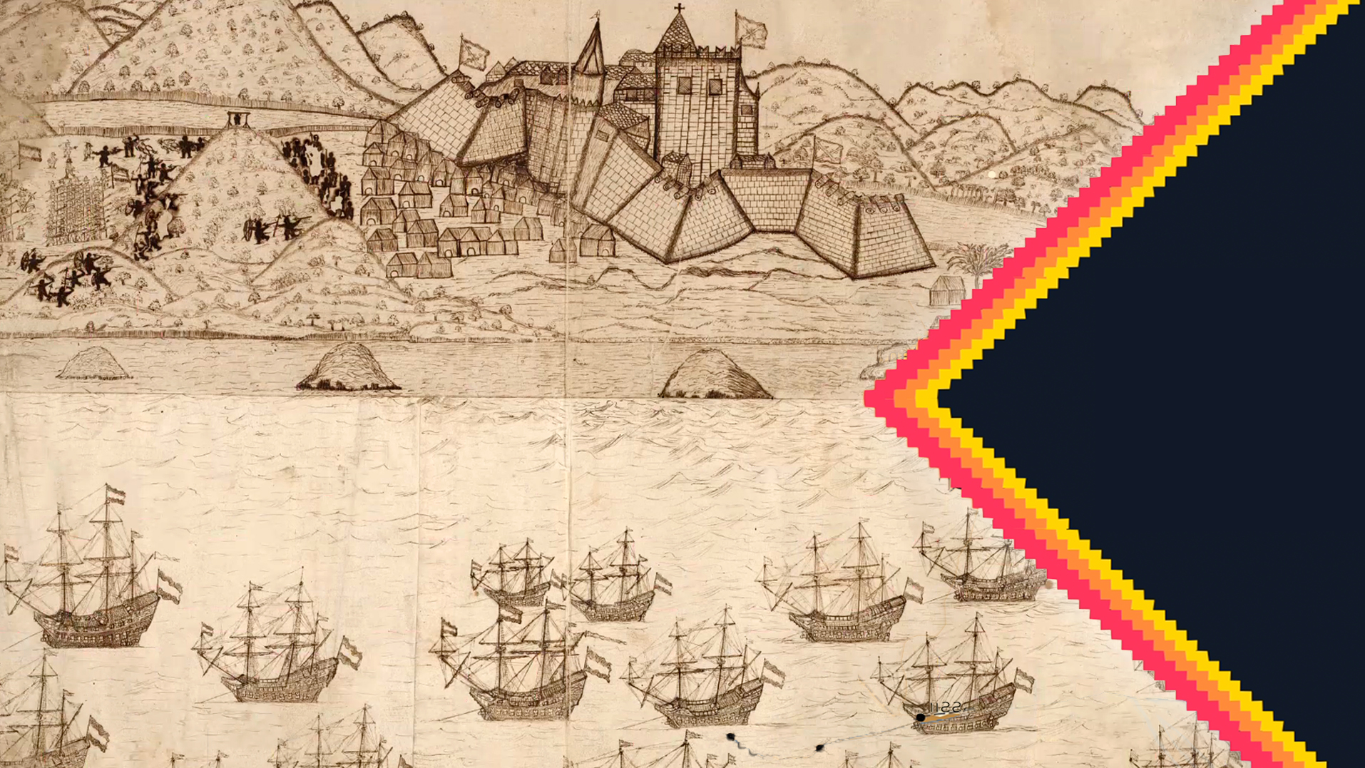 Sketch of the coast of Ghana with ships coming ashore