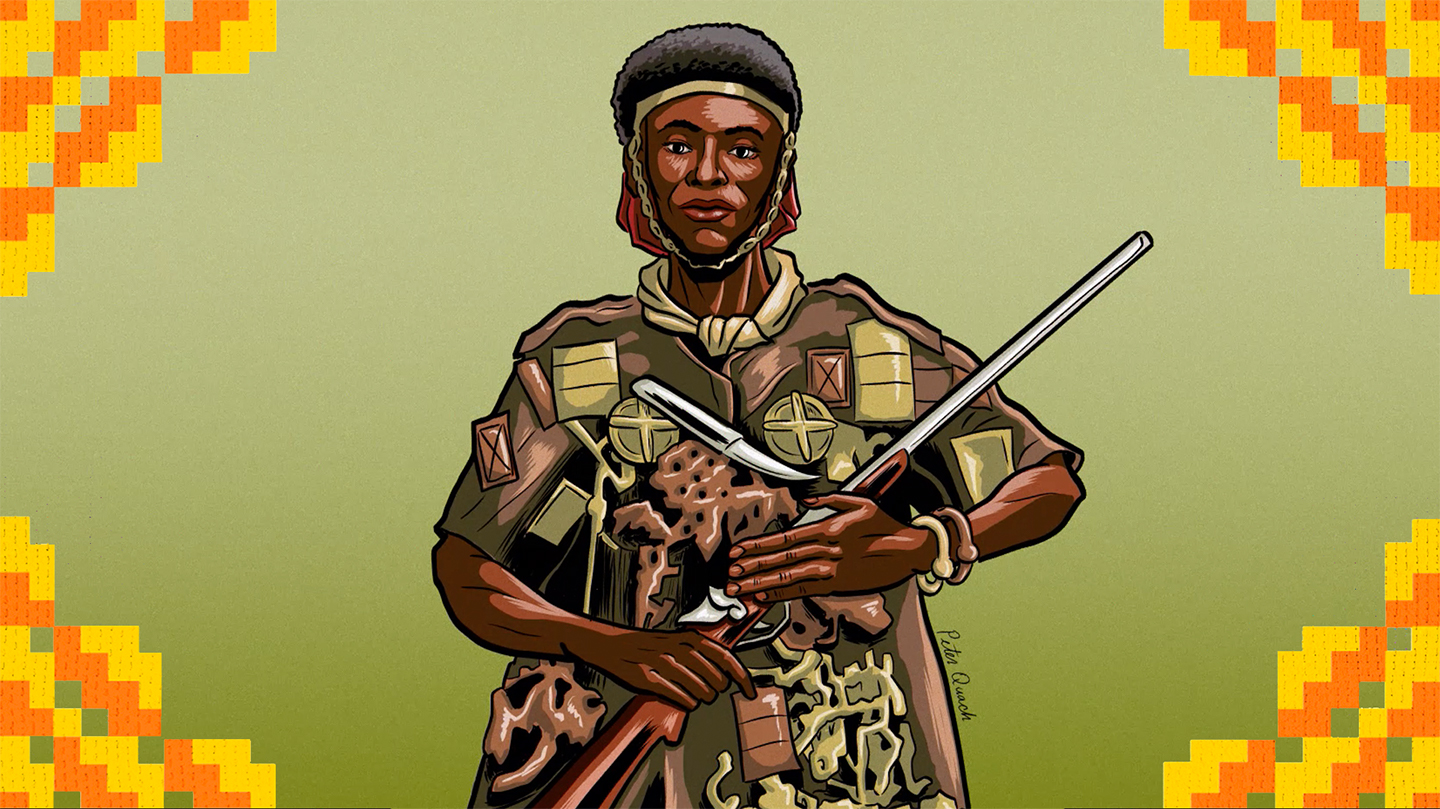 Cartoon image of a Ghanaian holding a rifle