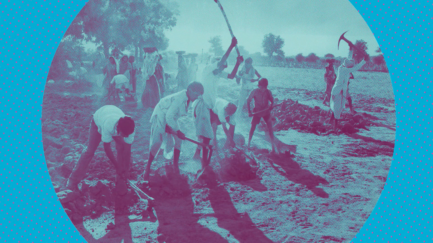 Workers with pickaxes digging in a field